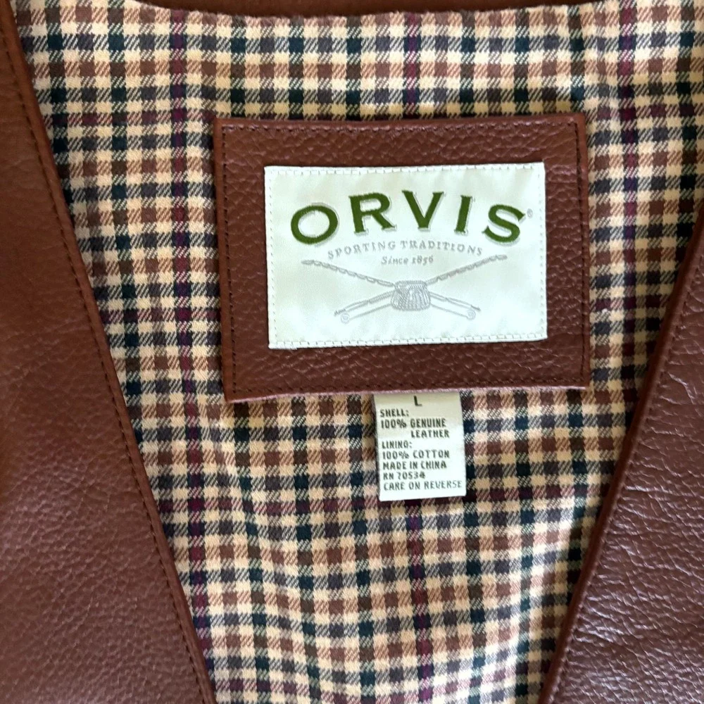 Vintage Orvis Leather Vest Men's Large Brown Plaid Lined Button Front Outdoor